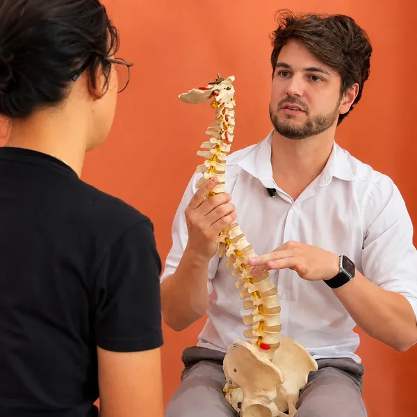 Alissander Caurio explicando o procedimento com um modelo de coluna vertebral